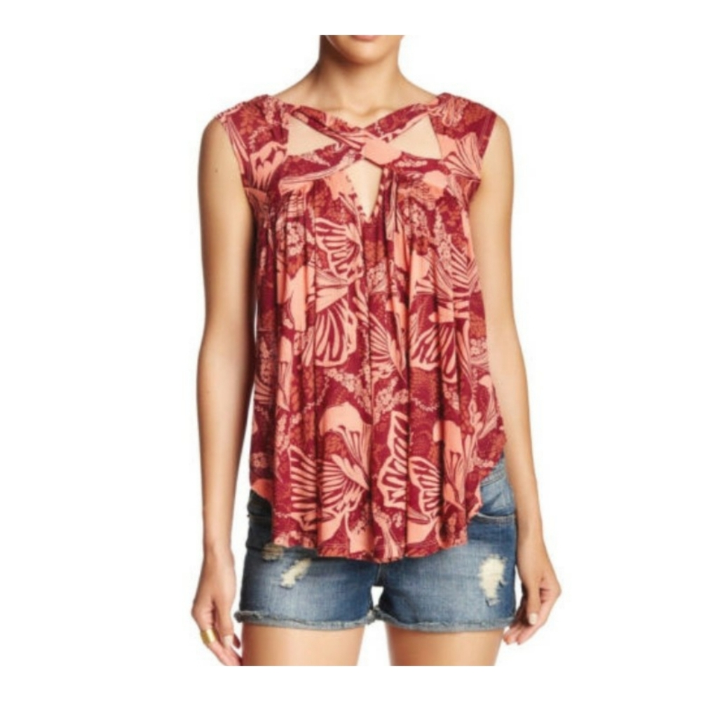 FREE PEOPLE Boho Floral Criss Cross Cami Flowy Sleeveless Tank Small BNWOT